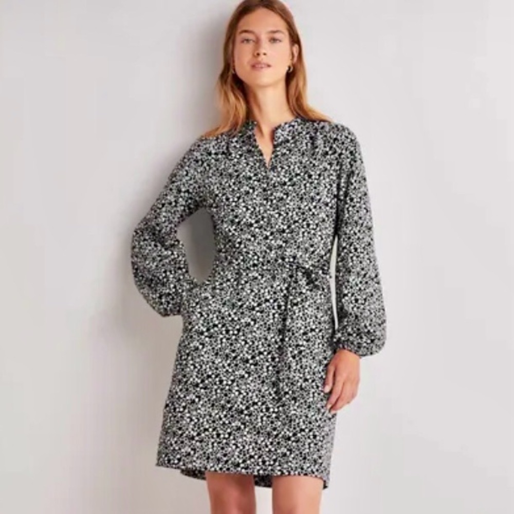 Boden Belted Jersey Shirt Dress Women’s Size 2 Black Floral Pebble Button Front